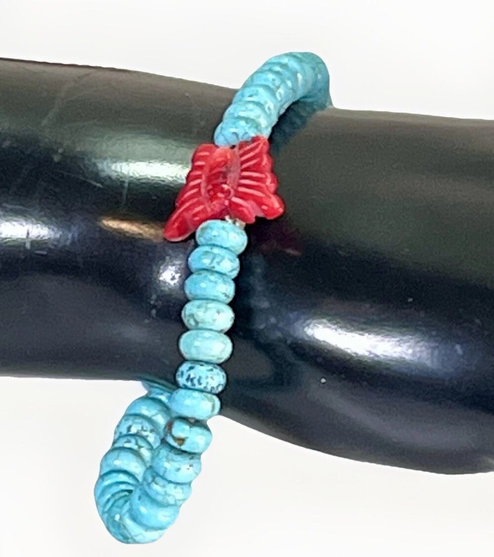 Turquoise Red Coral Southwest Beaded Stretch Bracelet Coral Butterfly Charm 12g
